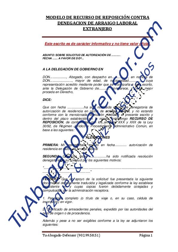 modelo recurso reposicion denegación arraigo laboral